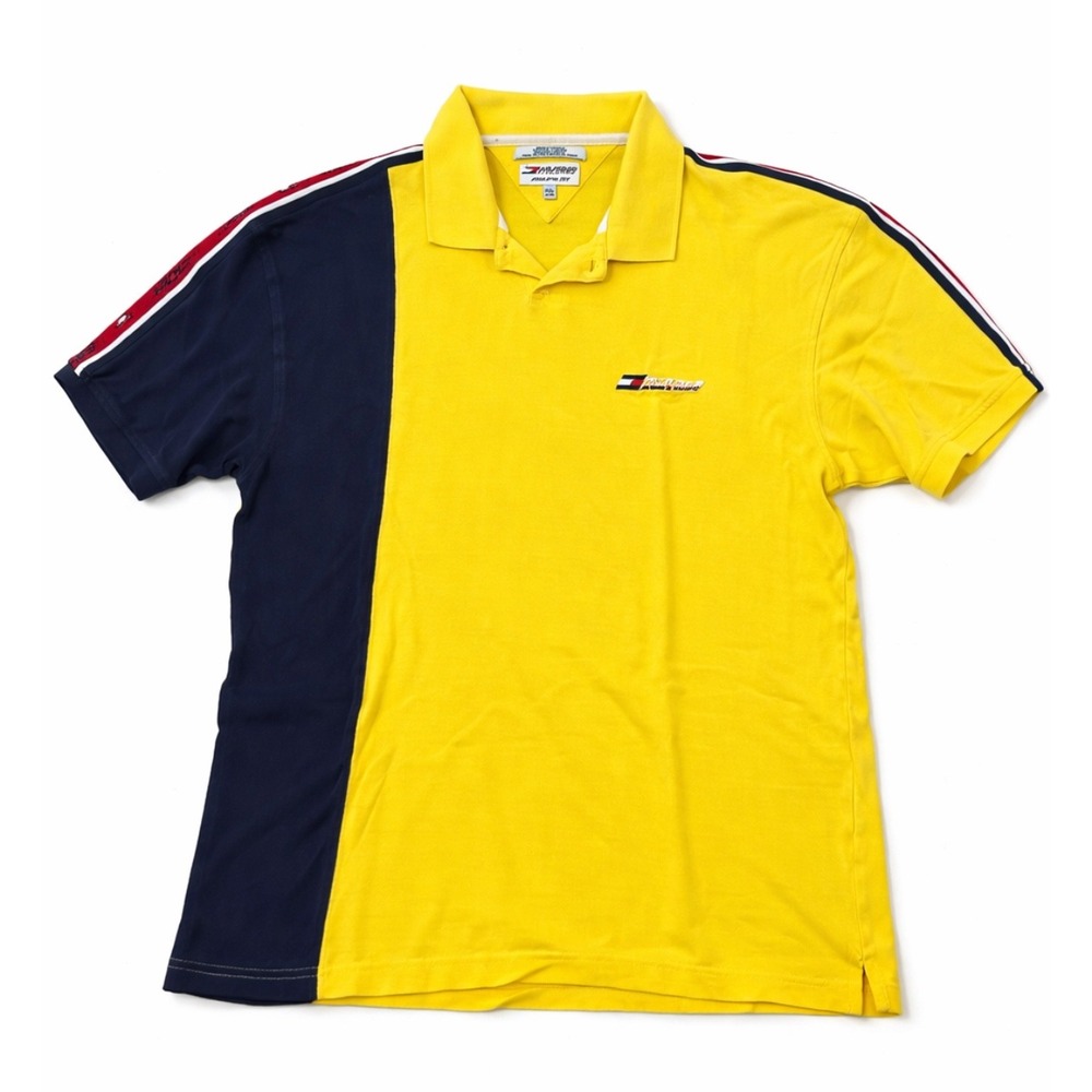 Tommy Hilfiger Athletics Polo Shirt XXL Yellow Colorblock Stripe Logo Y2K Mens